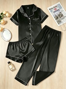 Nuevo Conjunto <span class=keywords><strong>de</strong></span> Pijama <span class=keywords><strong>de</strong></span> Tres Piezas en Satén Premium <span class=keywords><strong>de</strong></span> Color Sólido, Casual y Suave <span class=keywords><strong>para</strong></span> Primavera, Verano y Otoño - Product Image 5