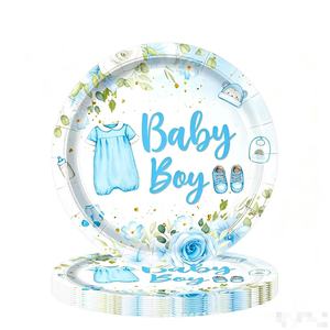 Décoration de fête pour garçon sur le thème des fleurs sauvages bleues, un ensemble de vaisselle en papier floral avec assiettes, serviettes et gobelets pour la fête de naissance d'un petit garçon - Product Image 3
