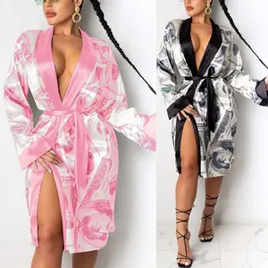 फैशन सेक्सी साटन पैसे मुद्रित लंबी आस्तीन ढीला वसंत गर्मियों में महिलाओं के क्लब शाल कार्डिगन