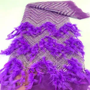 Stylish new crypto feather embroidery flowy design dress with star fabric 5 yards lilac