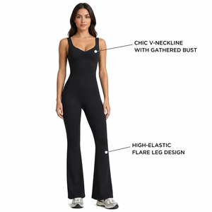 Charlo Women Premium Fitness Jumpsuit One Piece <b>Bodysuit</b> Flare Leg Cross Strap Back <b>Gym</b> Workout Wholesale Custom OEM GCC - Product Image 2