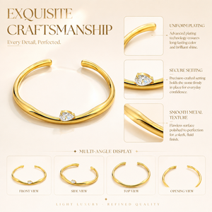 Bracelet manchette ouvert en acier inoxydable plaqué or 18 carats, poli, sans nickel, avec zircon cubique taille poire serti griffe et pierre précieuse en forme de cœur, réglable - Product Image 3
