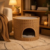 Vente en gros de lits pour animaux de compagnie multifonctionnels 2-en-1 en osier naturel tressé à la main, modernes et solides, utilisables comme ottoman, table d'appoint et panier pour chiens et chats