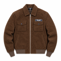 Blouson Bomber Homme Hiver Marron Côtelé Brodé sur le Devant avec Capuche, Veste de Travail Zippée, Poches Poitrine Utilitaires, Manches Longues Décontracté