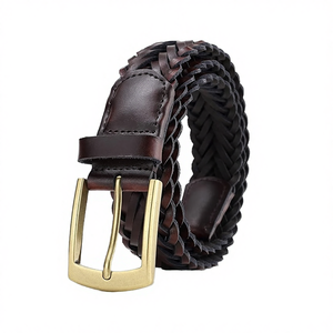 Ceinture en cuir de vachette tressé de luxe pour homme, faite à la main, en cuir véritable, avec boucle ardillon en cuivre de 2,8 cm de largeur, vente en gros - Product Image 4