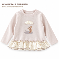 T-shirt à manches longues pour filles, motif ours doux et floral, ourlet à volants, sous-vêtement, haut pour tout-petits et enfants, OEM ODM, vente en gros