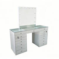 Table de maquillage moderne en acier inoxydable blanc, écologique, avec miroir LED, grand tiroir, station de maquillage pour salon de coiffure