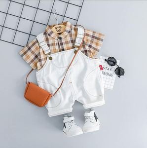 Ensemble d'été moderne pour enfants : chemise à carreaux en coton et jean à bretelles pour garçons et filles - Product Image 4