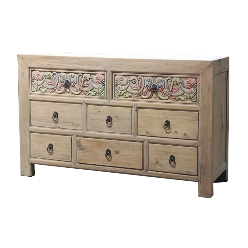 Antique Rustic Finish Home Furniture Solid Reclaimed Wood Natural Carved Retro High Console Cabinet