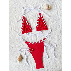 Nuovo Costume da Bagno Monocolore con Fascia, Costume da Bagno Senza Schienale, Bikini Rosso con Perizoma - Product Image 6