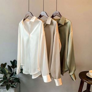 เสื้อเชิ้ตผ้าซาตินทรงหลวมสำหรับผู้หญิง สไตล์หรูหรา ปกคอพับได้ เหมาะสำหรับฤดูใบไม้ผลิและฤดูใบไม้ร่วง ดีไซน์วินเทจลำลอง ติดกระดุม ผ้าไหม - Product Image 6