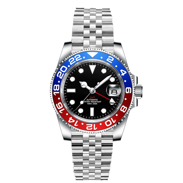 Luxury Men's Business Automatic NH34 GMT Mechanical Watch Genuine Sapphire 10ATM Waterproof Stainless Steel Strap Diver Montre