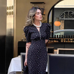 2025 nuovo arrivo nero estate nuovo disegno floreale a sbuffo con scollo a V abito da donna elegante alla moda stile francese abito da festa - Product Image 4