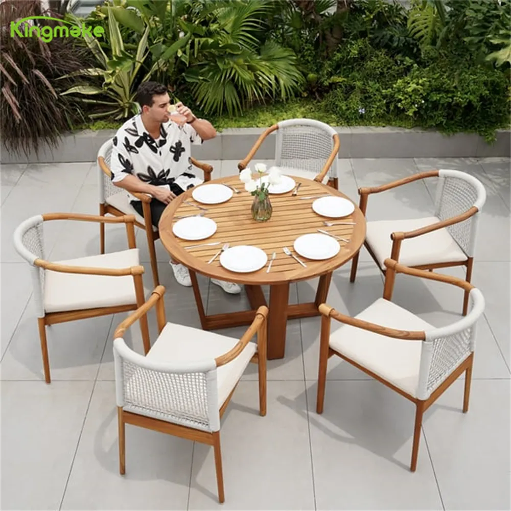 Luxus rundes Outdoor-Set Esstisch 6-Sitzer Teakholz-Outdoor-Möbel mit Seil und Kissen