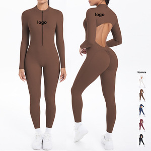 Tuta Intera da Donna a <span class=keywords><strong>Maniche</strong></span> <span class=keywords><strong>Lunghe</strong></span> con Schiena Scavata e Mezza Cerniera, Abbigliamento Sportivo Elasticizzato per Palestra e Yoga - Product Image 1