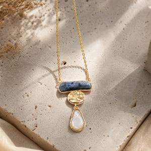 Collier pendentif en or style bohème, superposé, avec pierre bleue, barre, disque et goutte d'eau, pour femme, en acier inoxydable 316L - Product Image 2