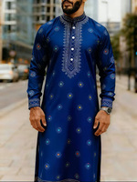 ODM OEM Thobe et Dishdasha pour hommes, à manches longues, col montant, demi-fermeture quatre boutons, imprimé, style ethnique arabe, pour affaires et fêtes, vente en gros et personnalisation