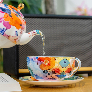 Bone <b>China</b> Tea Set - Coral Reef Watercolor Floral Nesting Teapot with <b>Cup</b> <b>and</b> <b>Saucer</b> - Product Image 2