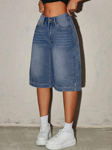 Shorts en <span class=keywords><strong>jean</strong></span> vintage coupe droite mi-longue décontractée pour <span class=keywords><strong>femme</strong></span>, style délavé moyen, idéal pour l'été - Product Image 2