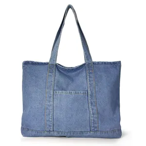 Toptan özel Logo eko geri dönüşümlü moda Denim kumaş bakkal Jean Tote çanta Denim Tote çanta