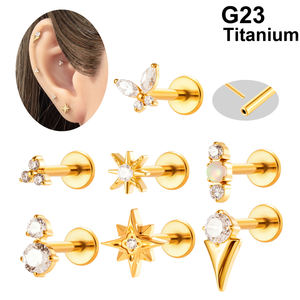 Pendientes de Titanio Hengsen ASTM F136 para <span class=keywords><strong>Piercing</strong></span>, Parte Trasera Plana, Titanio Dorado, Sin Rosca, Tipo Push Pin, para Cartílago, Concha, con Circonita - Product Image 1