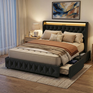 Base de Cama Moderna Ajustable Tapizada con Plataforma, Tamaño Queen, con Cabecera LED, Cajones de Almacenamiento Debajo de la Cama, Cama Suave de Lino - Product Image 1