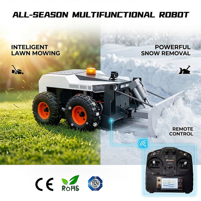 2-in-1 Battery Powered Remote Controlled Lawn Mower and Snow Plow Electric Robotic Lawnmower with Snow Removal Blade