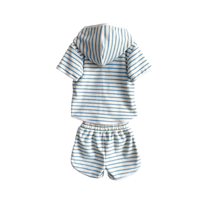 Ensemble 2 pièces en tissu éponge pour bébé, ensemble court à capuche rayé pour garçons et filles en bas âge - Product Image 3