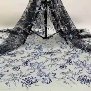 Tela de vestido de boda de tul francés bordado de lentejuelas de tubo de cuentas de mariposa de placa completa de lujo de alta calidad X005