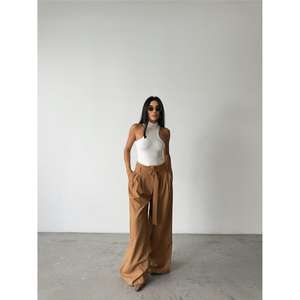 PALAZZO Beige High-Waisted Casual Cargo Pants with <b>Elastic</b> <b>Waist</b> Breathable Fabric Flare Style with <b>Belt</b> Detail Size XL - Product Image 2