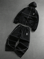 Ensemble deux pièces veste à capuche zippée intégrale et pantalon large avec bande réfléchissante noire, imperméable, coupe-vent, streetwear, décontracté et élégant
