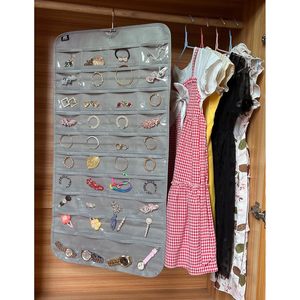 Hanging Jewelry Organizer 80 Pocket Grey Rectangular for Earring Ring Storage Women Girls Modern Non Woven Fabric - Product Image 5