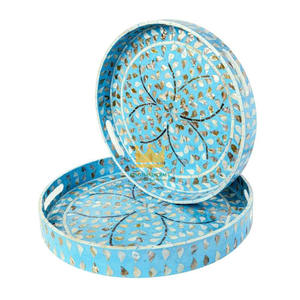 Plateau de service rond en nacre, fait main, de haute qualité, écologique, élégant, avec incrustation florale, couleur personnalisée, avec poignées, en provenance du Vietnam - Product Image 3