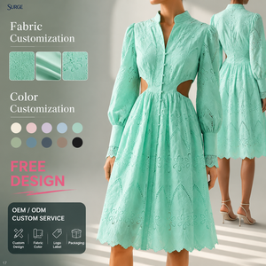 Abito Mini Casual da Donna Personalizzato Verde Menta con Scollo a V, Bottoni Frontali, Maniche Lunghe a Sbuffo, Cut-out in Vita e Ricamo in Pizzo Traforato - Product Image 1