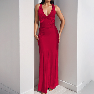 Vestido de noche de satén de alta gama con cuello en V, tirantes finos y espalda descubierta para mujer, venta al por mayor de vestidos casuales de boutique - Product Image 4