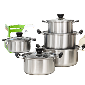 10 피스 클래식 디자인 스테인레스 스틸 조리기구 세트 검은 유리 뚜껑 수프 냄비와 팬이있는 빨간색 주방 냄비 - Product Image 1