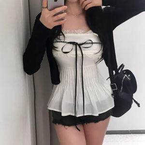 Wholesale Spring Summer Women Strapless Tube <b>Top</b> Lace Bow <b>Tie</b> <b>Waist</b> Slim Fit Sweet Girl Style - Product Image 3