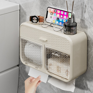Porte-papier toilette mural à double compartiment avec étagère, sans perçage, boîte à mouchoirs étanche, rectangulaire, blanc - Product Image 3