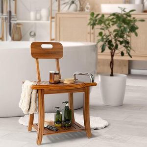 Chaise de douche en bois avec dossier et accoudoirs, tabouret de salle de bain à double rangement pour équipement de sécurité pour le bain - Product Image 1