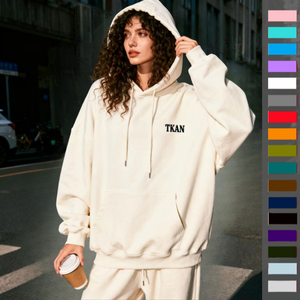 TKAN300 suelta de color sólido al por mayor de las mujeres de alta calidad de algodón con capucha y Jogger 2 piezas chándal conjunto de chándal para el invierno - Product Image 1