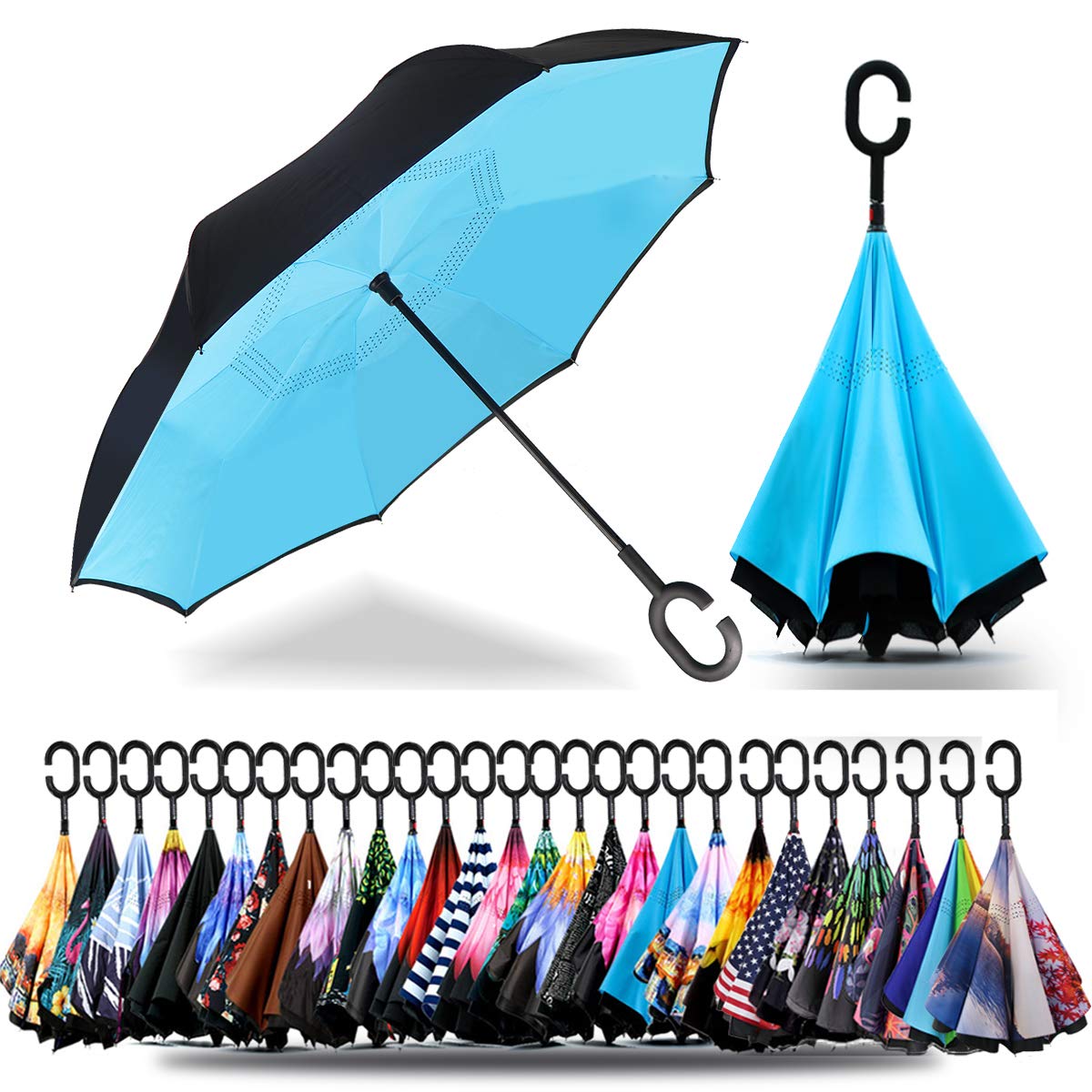 Parapluie Inversé Anti-retournement – Manche Canne, Noir, Résistant Au Vent, Taille Unique