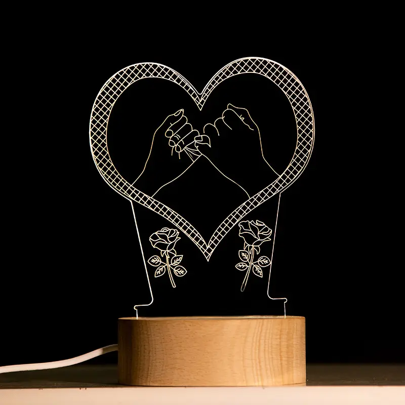 Vente en gros, bricolage moderne créatif 3d Illusion veilleuse ronde acrylique base de lampe en bois