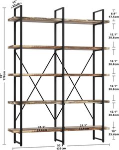 Wholesale 5-Tier Double Wide Industrial Bookshelf, 70" Tall Large Open Etagere Bookcase with Metal Frame for Living <b>Room</b> - Product Image 4