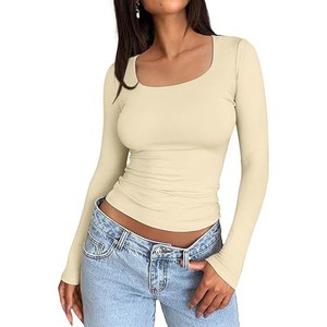Women's Pink <b>Long</b> <b>Sleeve</b> <b>Crop</b> <b>Top</b> Scoop Neck Slim Fit Ruched Knitted Breathable Solid Color T-Shirt Spring Summer Style - Product Image 5
