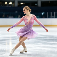 Robe de patinage artistique à manches longues dégradé rose-violet avec dos transparent orné de strass pour la compétition et les spectacles des adultes et des enfants