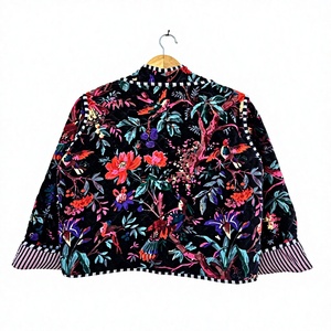 Floral Printed Velvet Quilted Blazer <b>Women</b> Mandarin Collar Full Sleeve Autumn Outerwear gift for her - Product Image 4