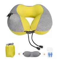 Hand Press Air Pump Inflatable Travel Neck Pillow Ultra Comfortable Travel Kit With Eye Mask For Office Train Car Airplane