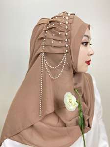 TOMO donne Mohammed scialle tinta tinta unita <span class=keywords><strong>Bandana</strong></span> <span class=keywords><strong>con</strong></span> abito plissettato di perle di Chiffon perline Nude Malaysia Hijab sciarpe da <span class=keywords><strong>donna</strong></span> - Product Image 5