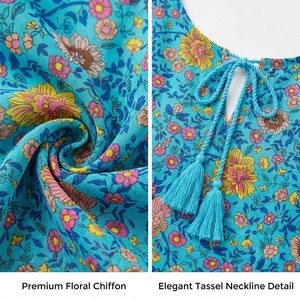 Robe <span class=keywords><strong>tunique</strong></span> bohème personnalisée à imprimé floral avec franges, manches 3/4 froncées, cache-maillot de plage, tenue de villégiature estivale, vente en gros OEM/ODM - Product Image 3