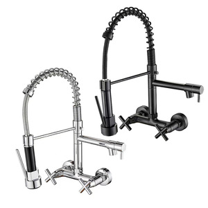 Vòi bếp gắn tường thiết kế cổ điển hiện đại, chất liệu đồng thau đánh bóng, hai tay cầm, vòi xịt kéo, tính năng thác nước, nước nóng lạnh - Product Image 1